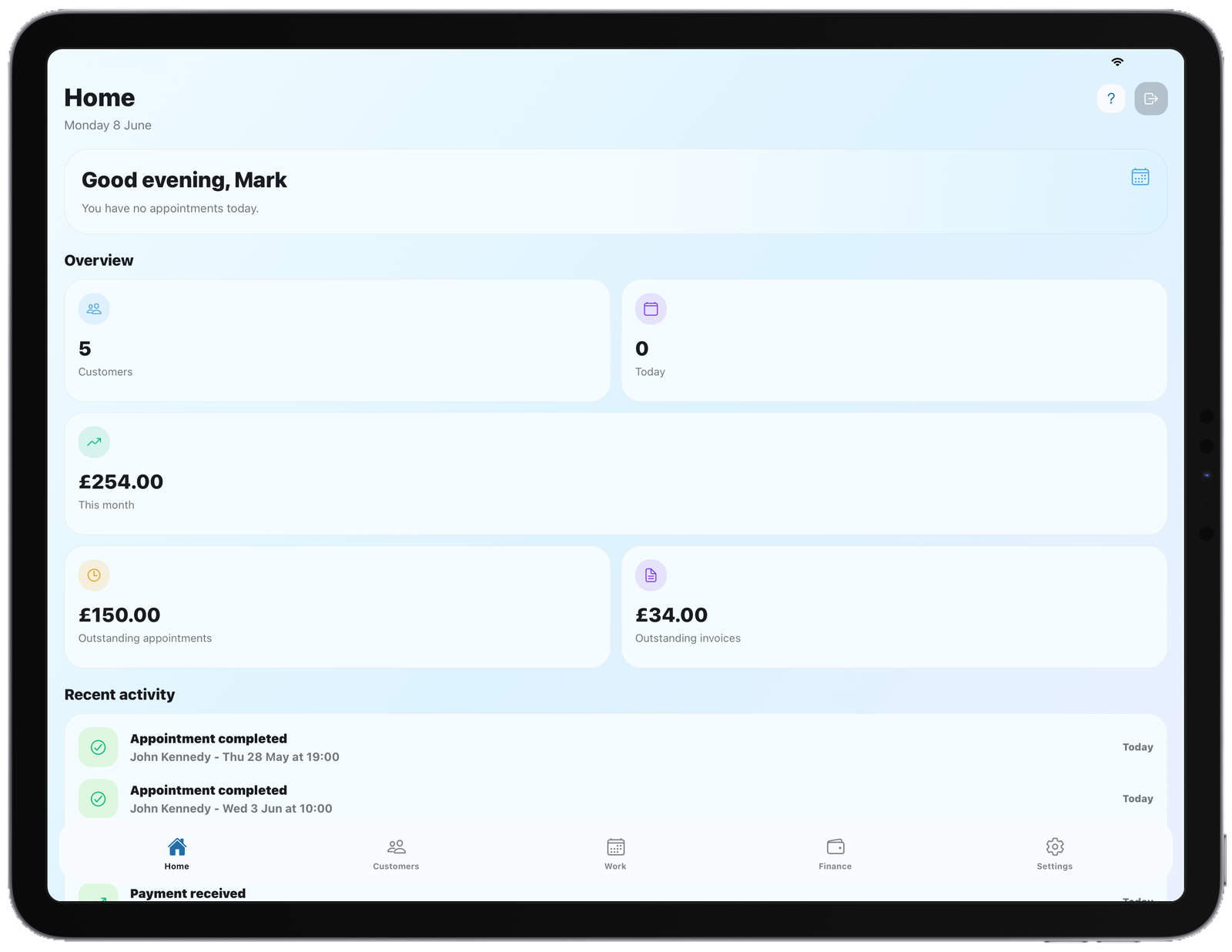 Avaro home dashboard on a tablet